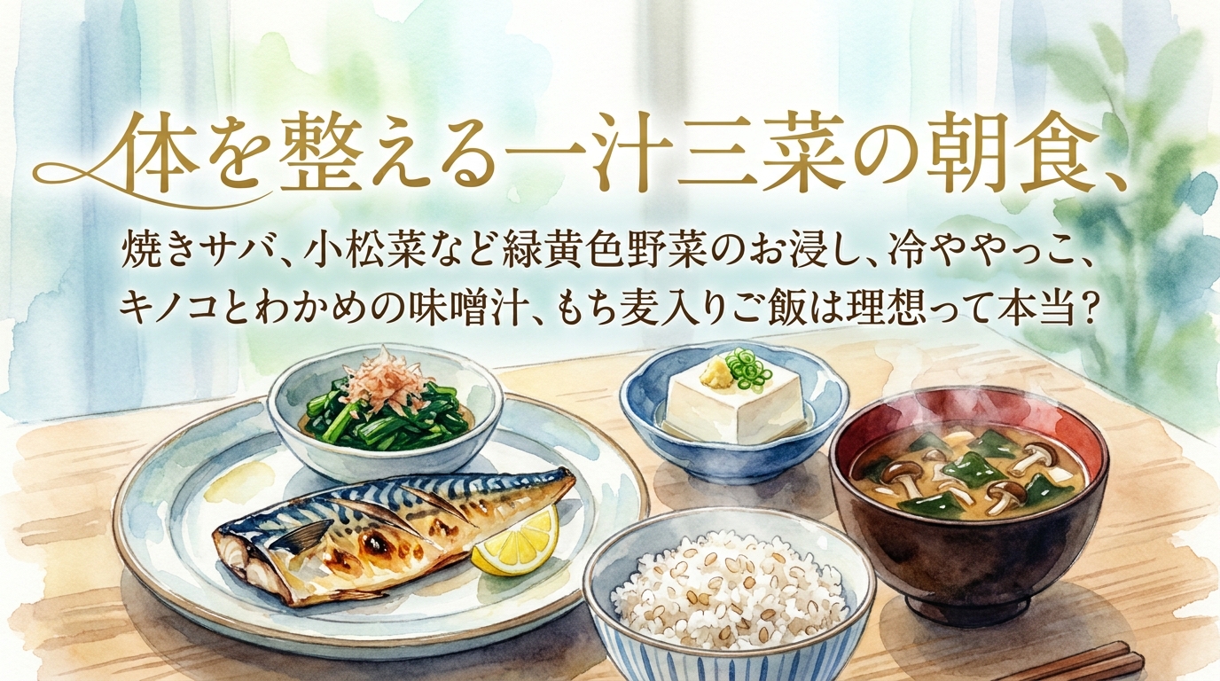 体を整える一汁三菜の朝食、焼きサバ、小松菜など緑黄色野菜のお浸し、冷ややっこ、キノコとわかめの味噌汁、もち麦入りご飯は理想って本当?