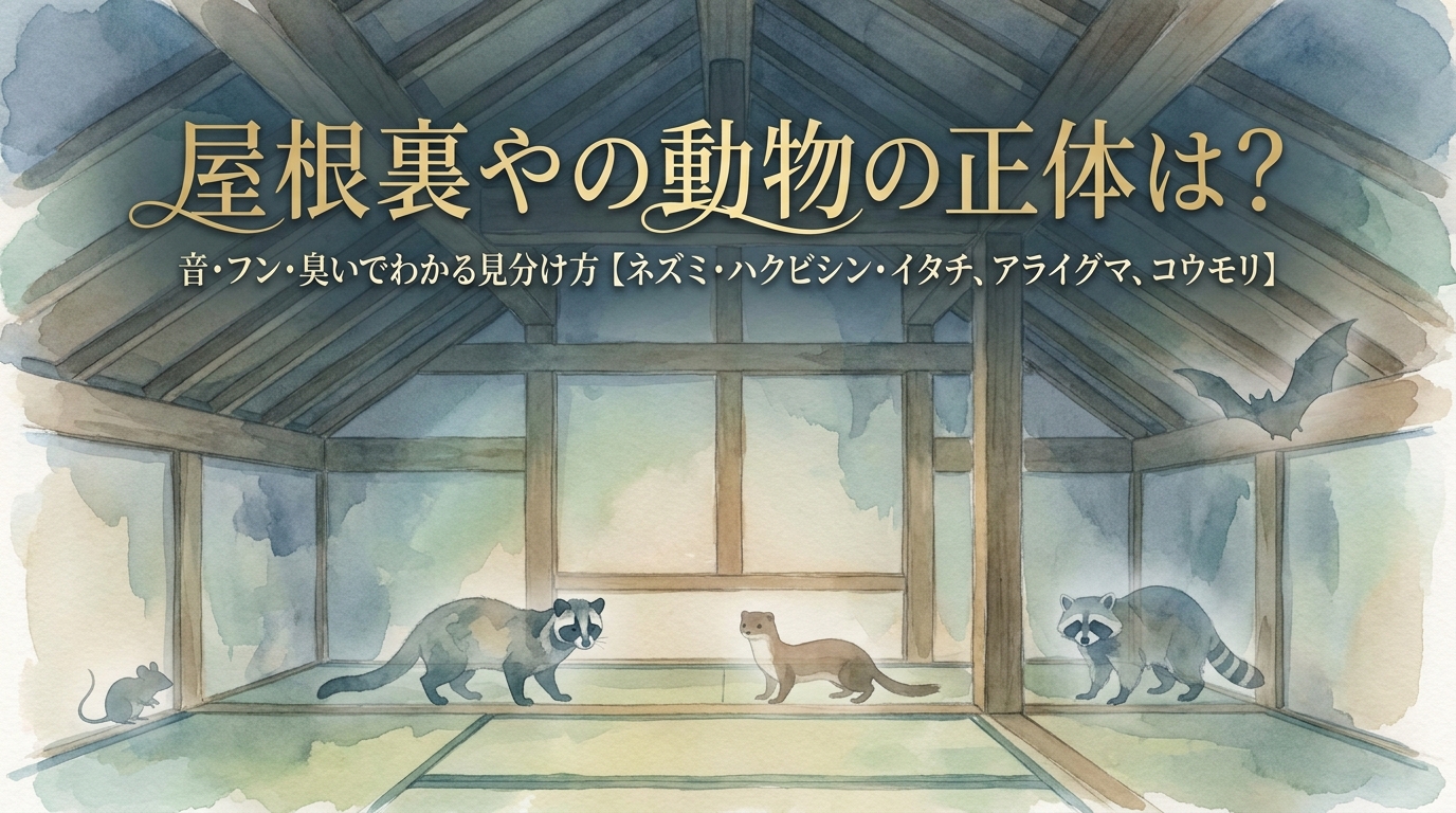 屋根裏やの動物の正体は？音・フン・臭いでわかる見分け方【ネズミ・ハクビシン・イタチ、アライグマ、コウモリ】