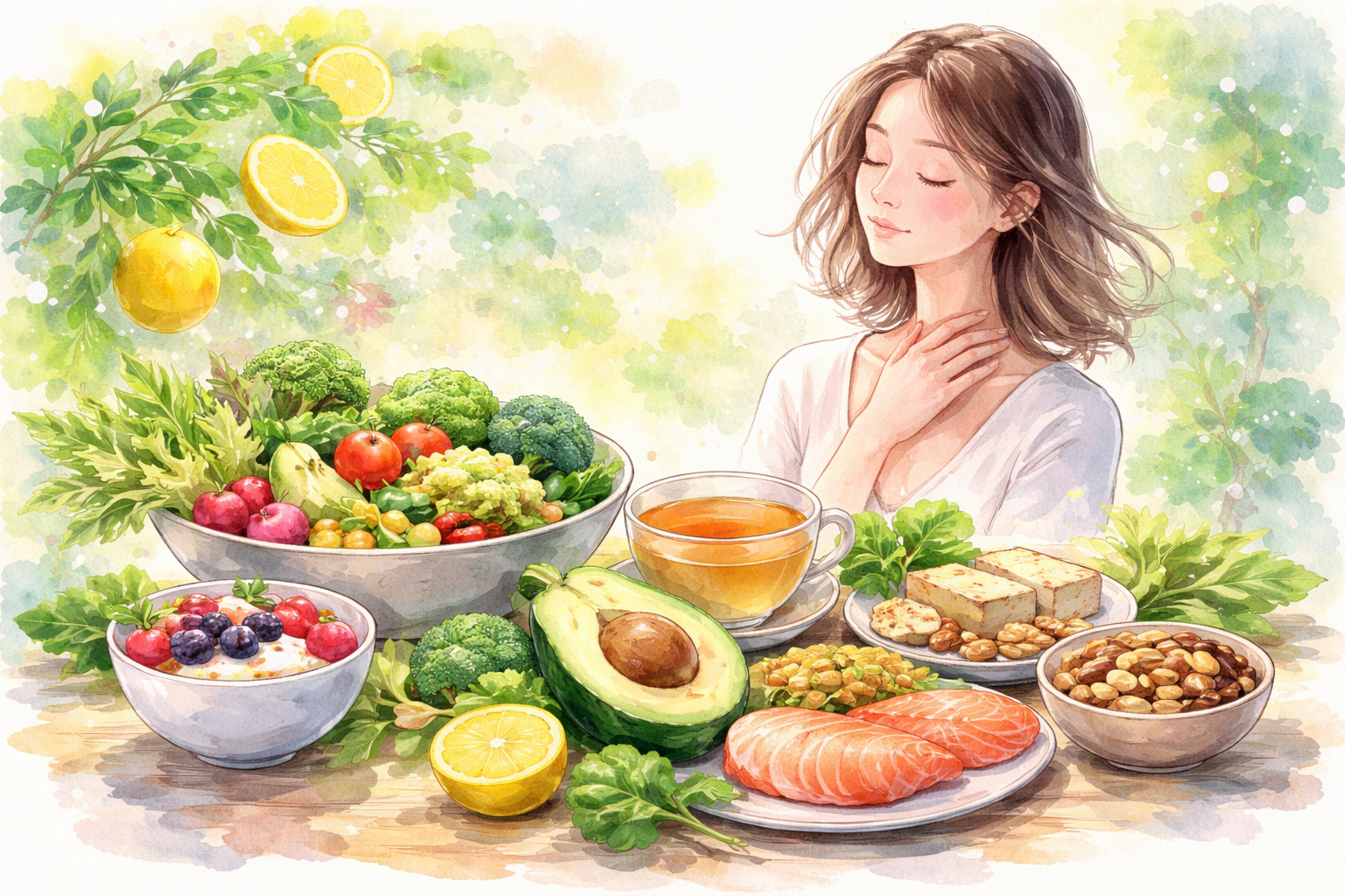 ゆらぎ期に悩む女性と栄養バランスのイラスト