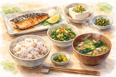 体を整える一汁三菜の朝食、焼きサバ、小松菜など緑黄色野菜のお浸し、冷ややっこ、キノコとわかめの味噌汁、もち麦入りご飯は理想って本当？